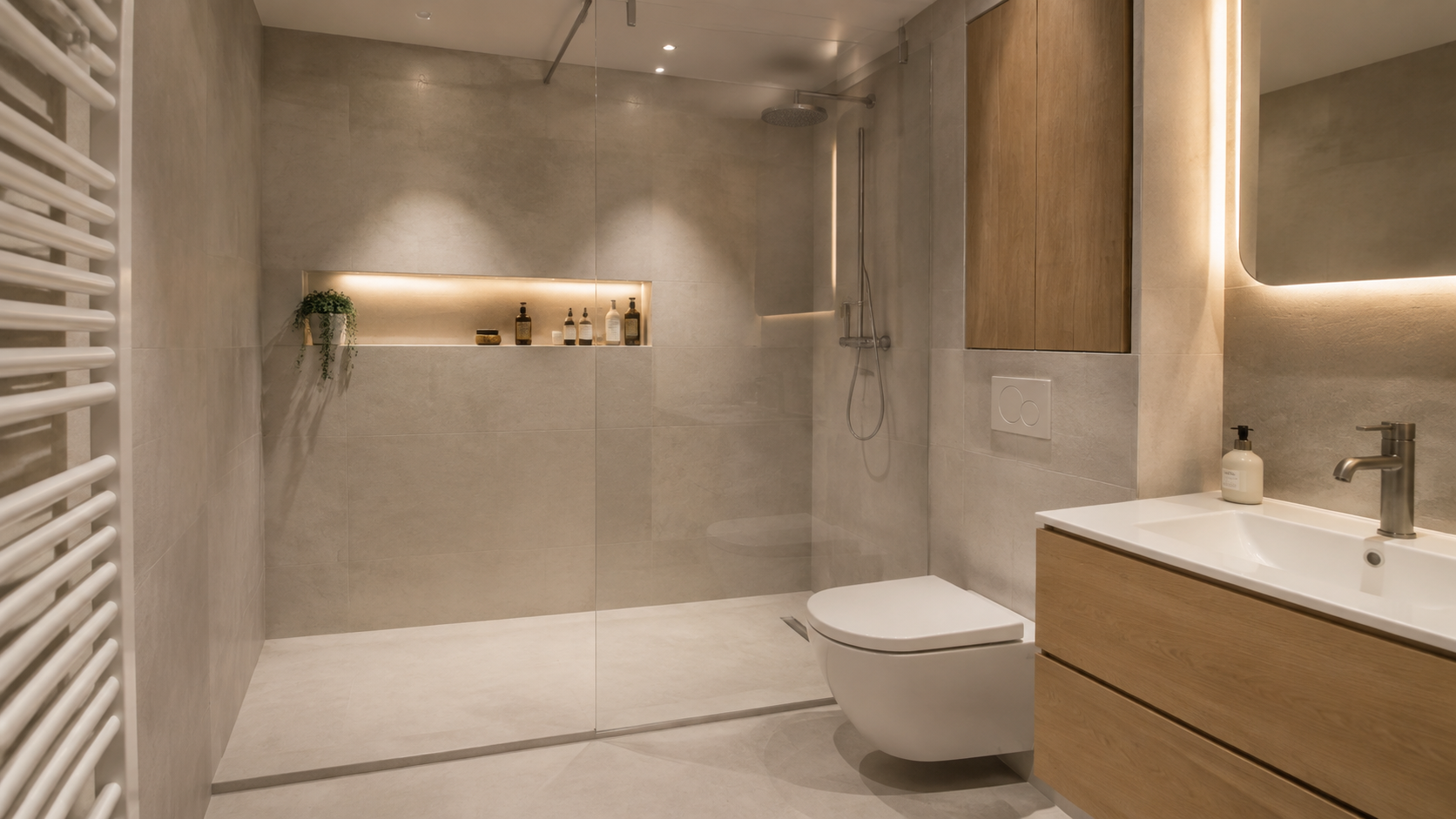 Kleine badkamer na renovatie met douche over de volle breedte