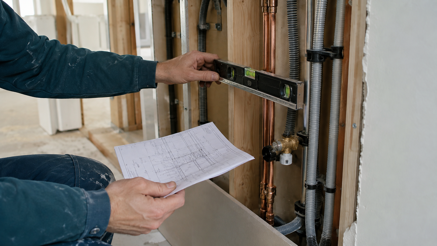 Technische leidingen worden tijdens een woningrenovatie nauwkeurig uitgelijnd