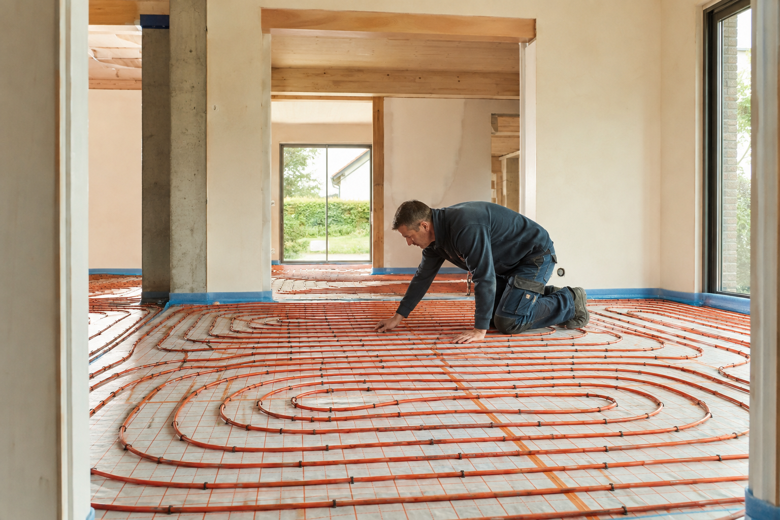 Kringen vloerverwarming, gelegd en klaar voor de chape